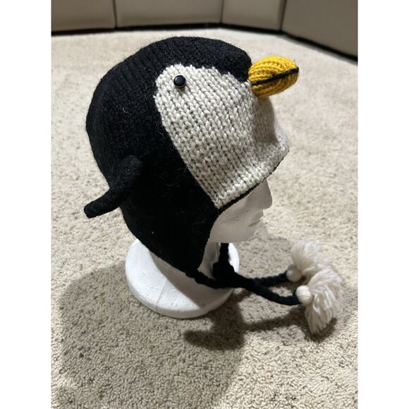Youth Penguin Knit WOOL HAT from Nepal Fleece Lined EAR FLAPS Black Winter H25 - Picture 9 of 9